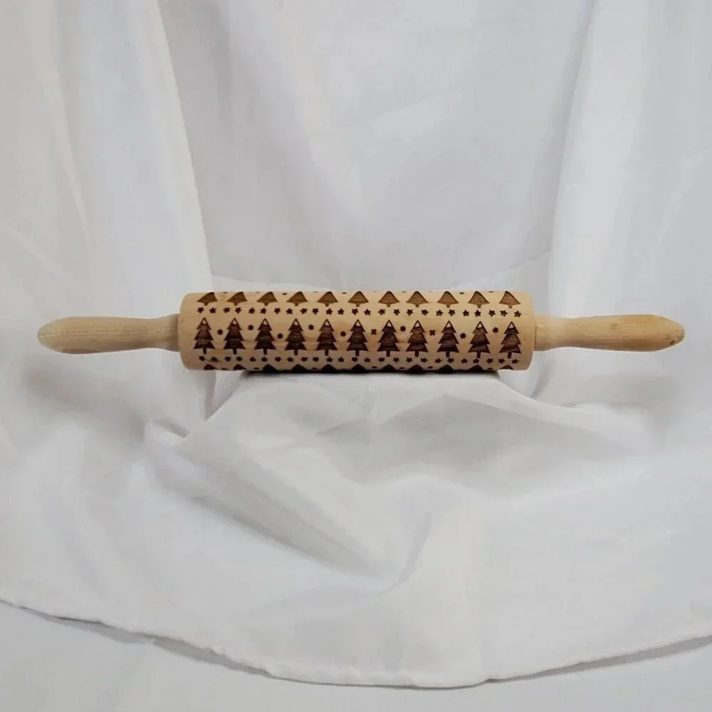 Embossed Rolling Pins for Baking Christmas Tree Engraved Wooden Rolling